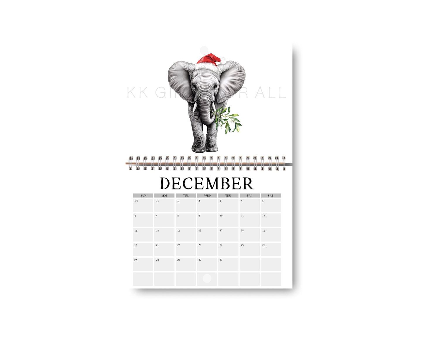 Elephant 2026 Wall Calendar: Hand-Drawn Art, A4 Landscape