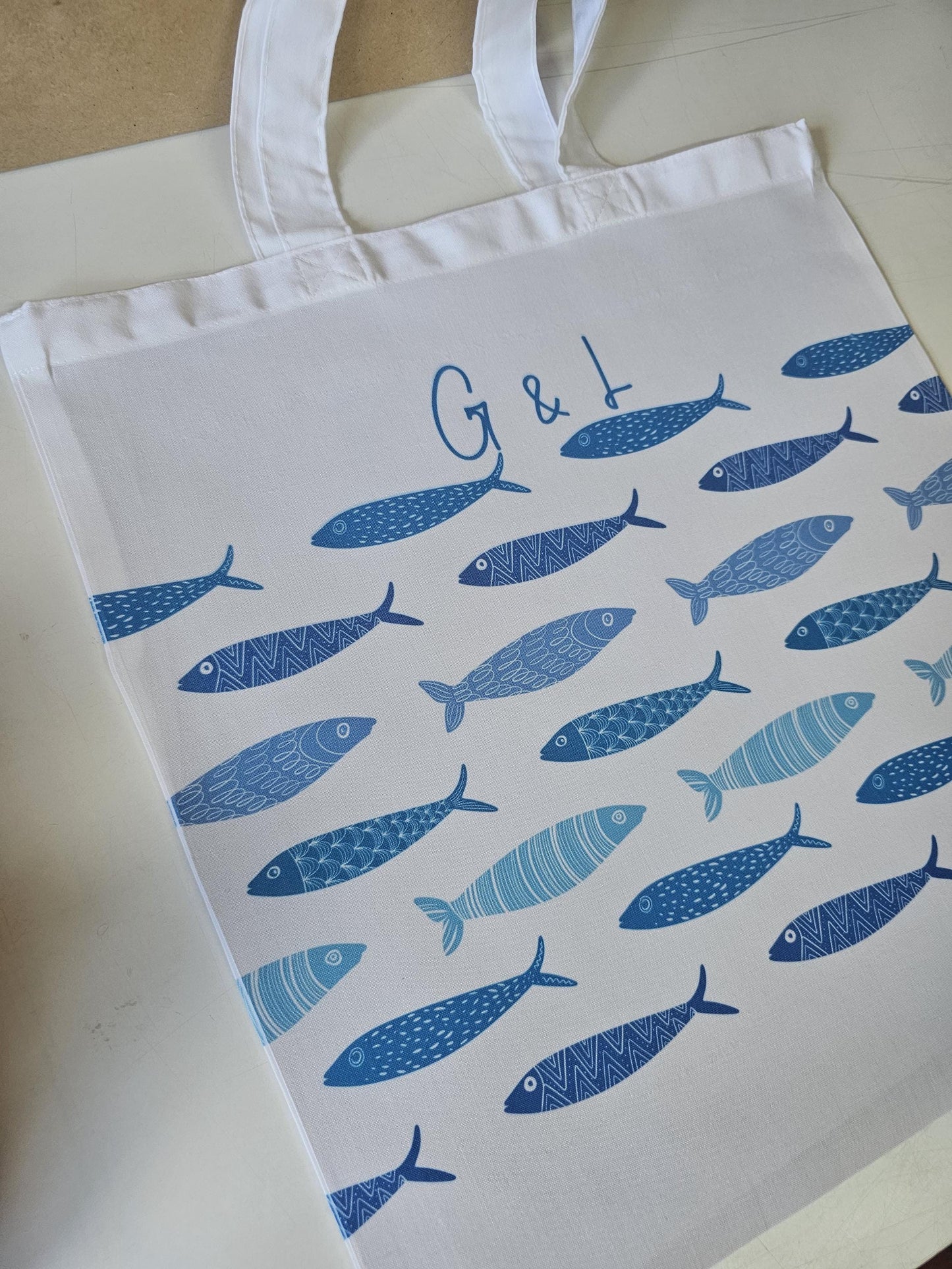 Personalised Sardine Fish Tote Bag, Long Handle Reusable Shopper, Maritime Theme Gift