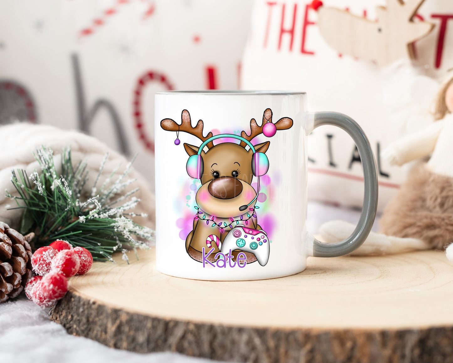 Girls Christmas Mug, Personalised Reindeer Mug