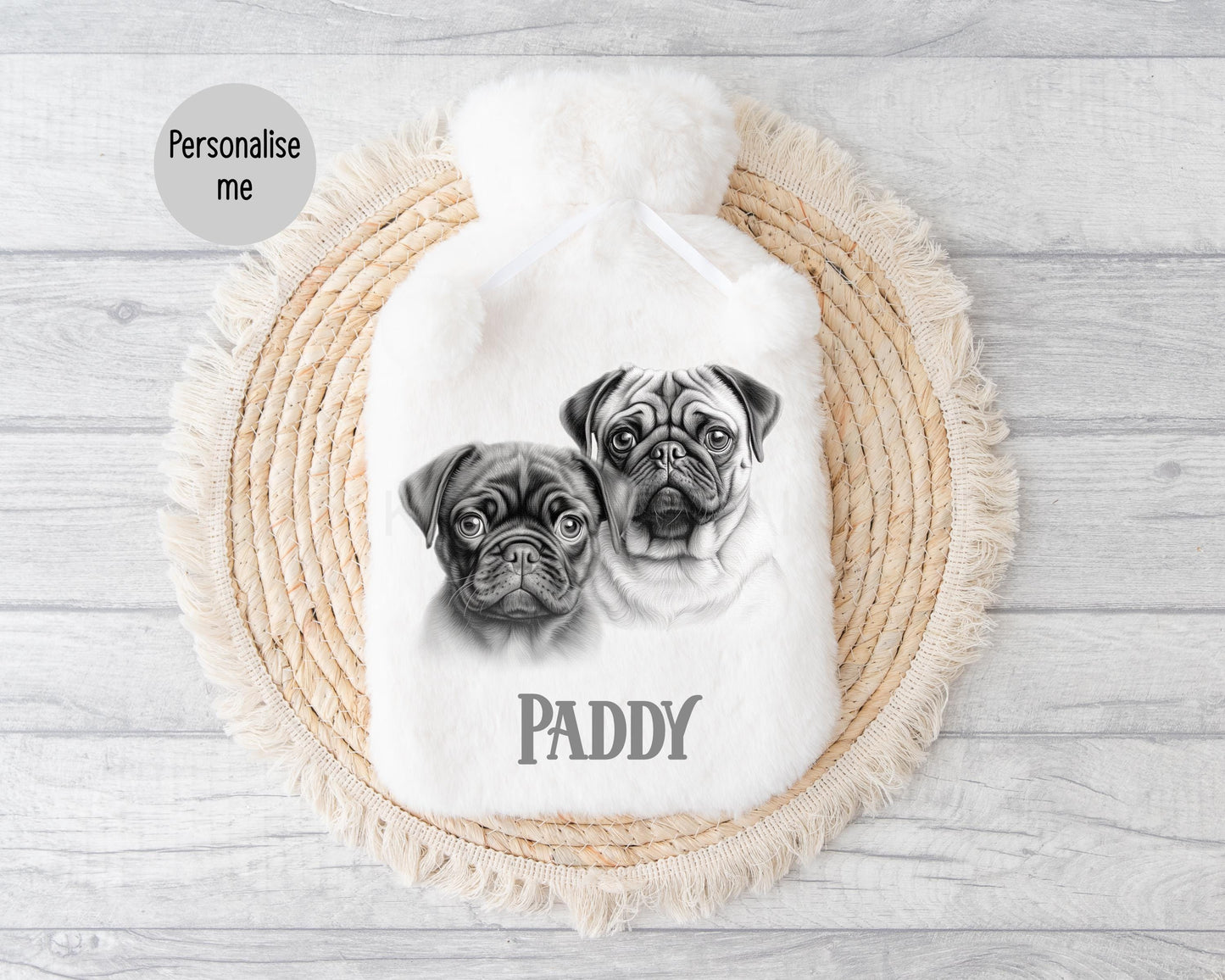 Black & Fawn Pug Hot Water Bottle, Personalised Dog Hot Water Bottle, Black Pug Gifts, Fawn Pug