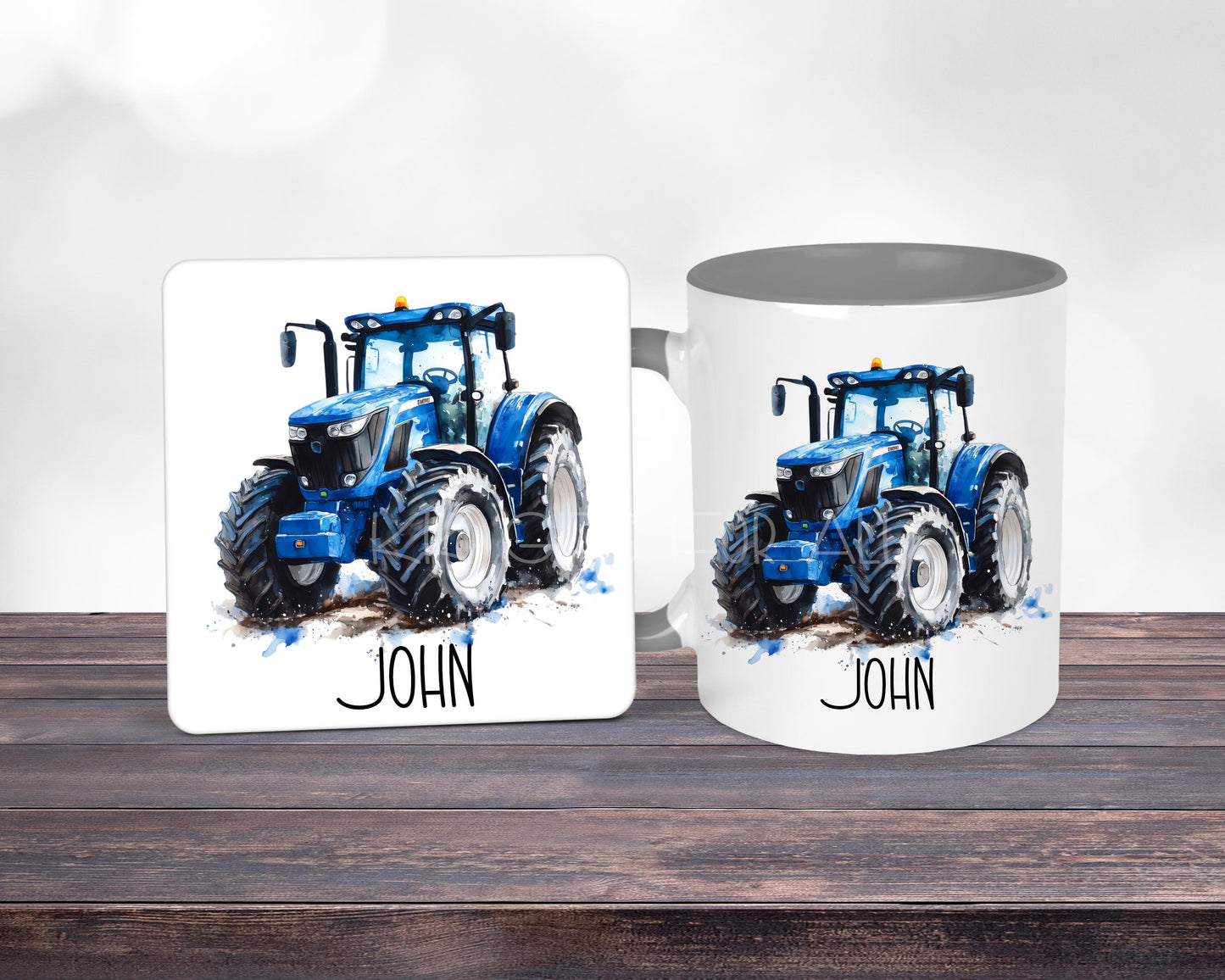 Personalised Blue Tractor Mug & Coaster, Farmer Mug, Modern Blue Tractor Lover Birthday Gift