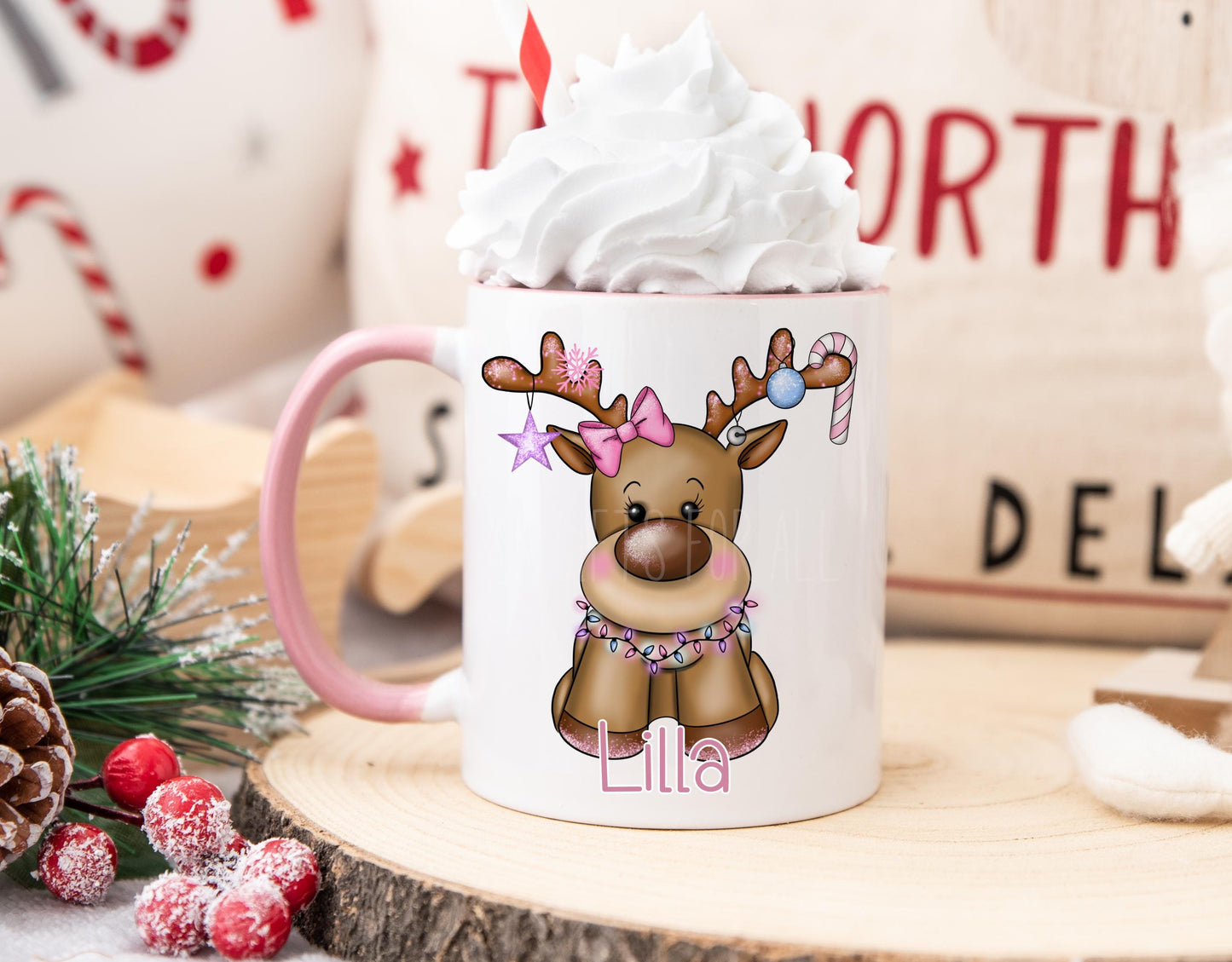 Personalised Pink Christmas Mug, Xmas Reindeer Mug, Girls Christmas Cocoa Mug