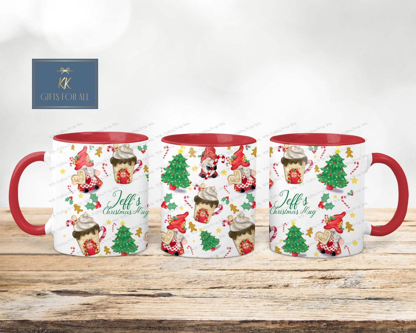 Christmas Gnome Mug, Red Handle Mug, Gonk Christmas Theme, Personalised Mug, Hot Cocoa Mug, Hot Chocolate Movie Mug, Candycane