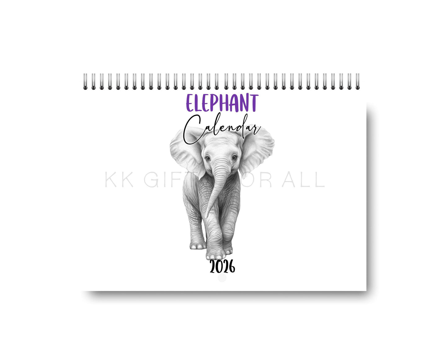 Elephant 2026 Wall Calendar: Hand-Drawn Art, A4 Landscape