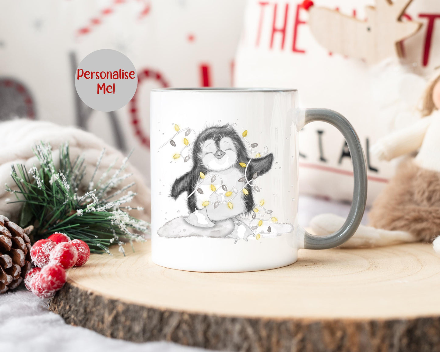 Personalised Christmas Penguin Mug, Sketch Penguin With Xmas Lights, Christmas Hot Choc Mug