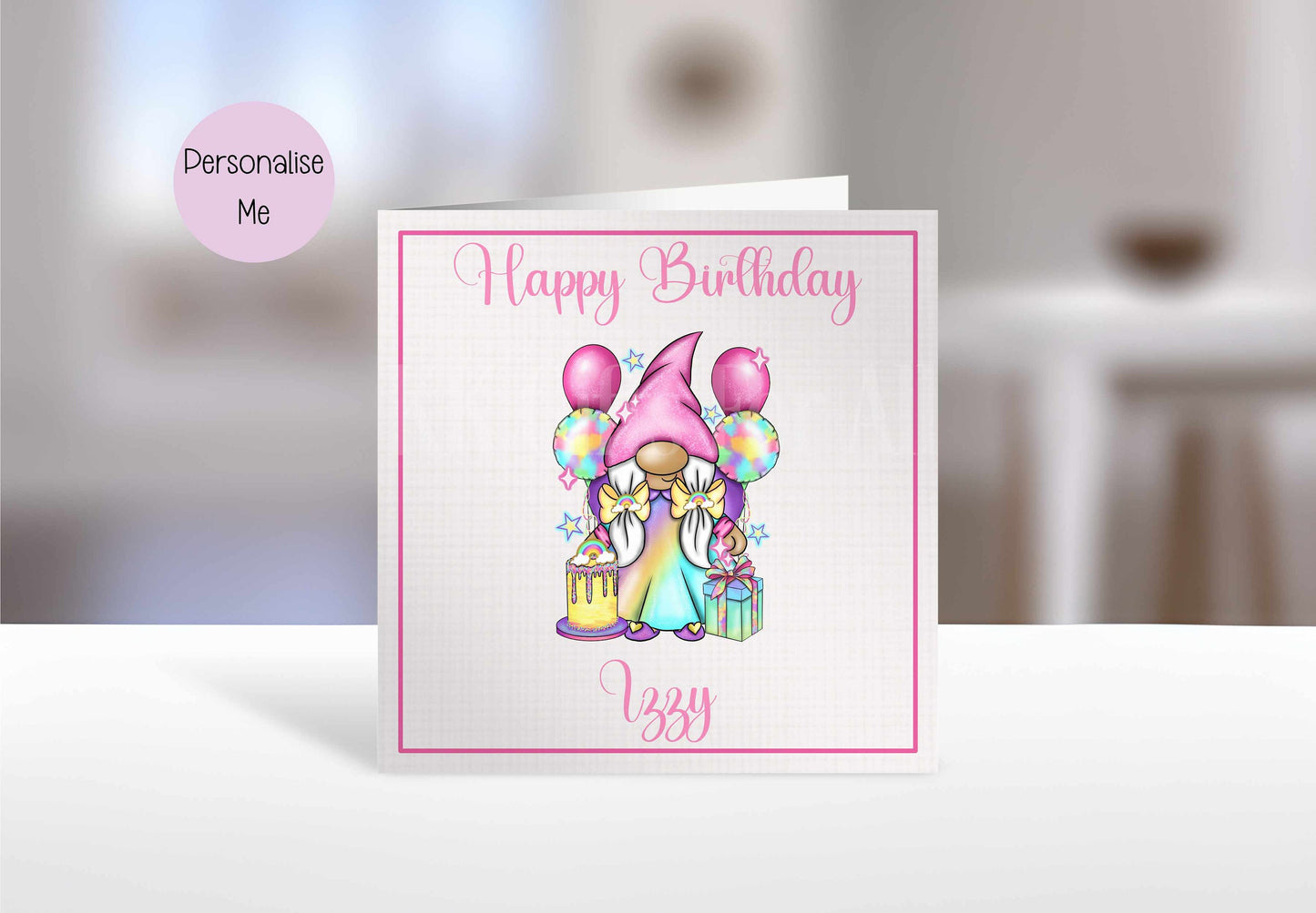 Personalised Gonk Card, Birthday Card For Friend Mum Auntie, Gnome Greetings Card, Pink Party Gonk