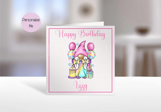 Personalised Gonk Card, Birthday Card For Friend Mum Auntie, Gnome Greetings Card, Pink Party Gonk