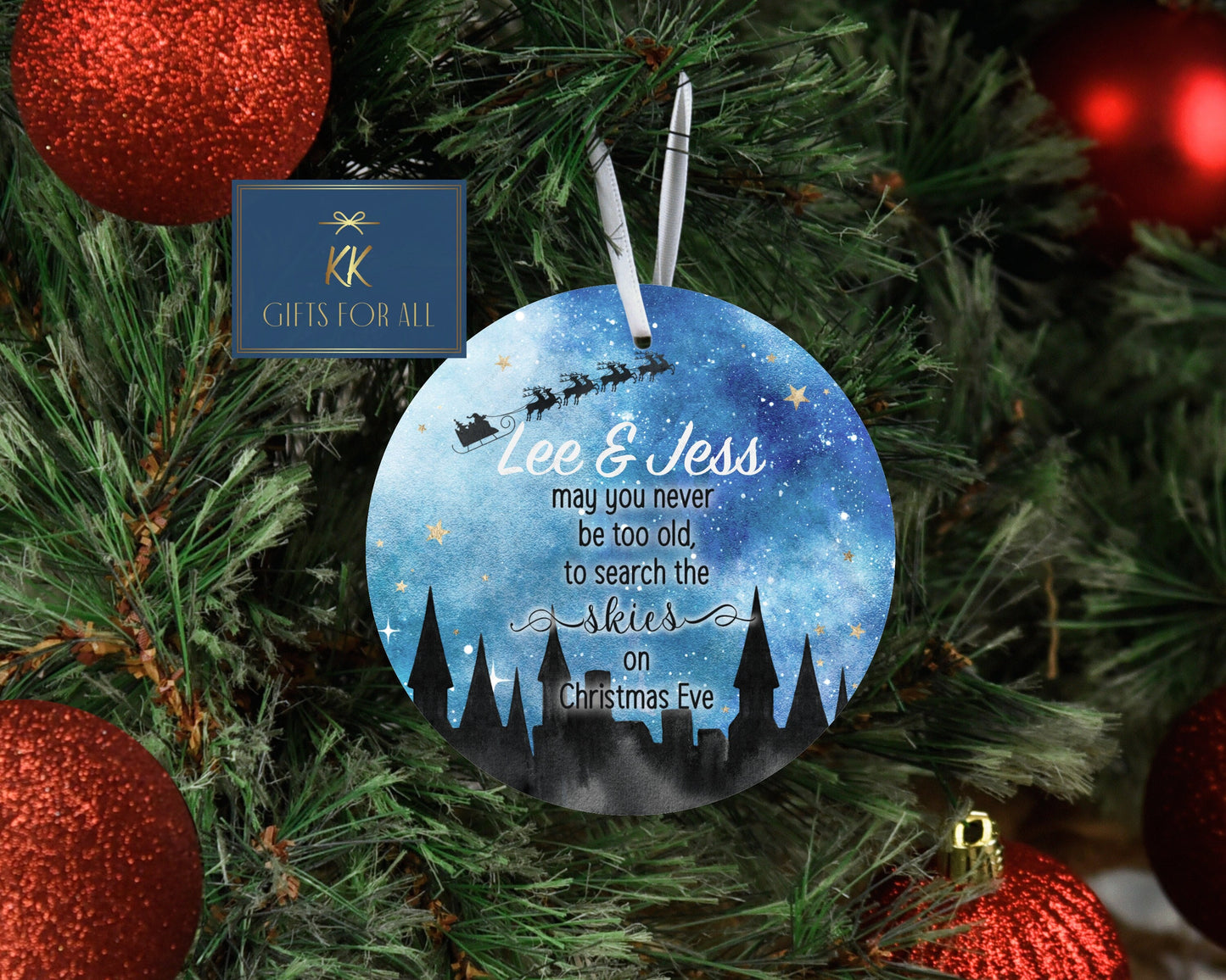 Personalised Christmas Tree Decoration, Christmas Hanging Ornament, Metal Tree Decoration, Search The Sky On Xmas Eve, Xmas Nightfall, Blue