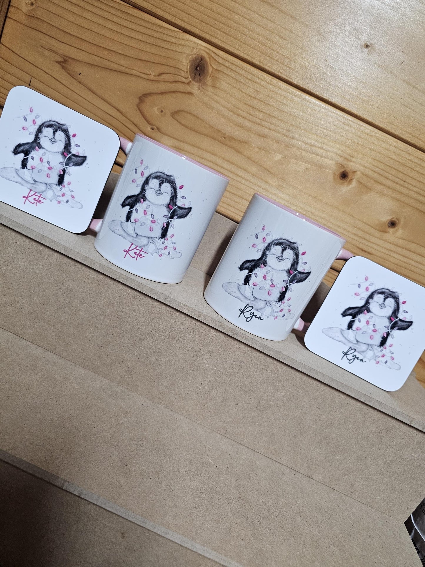 Personalised Christmas Pink Penguin Mug, Sketch Penguin With Xmas Lights, Christmas Hot Choc Mug