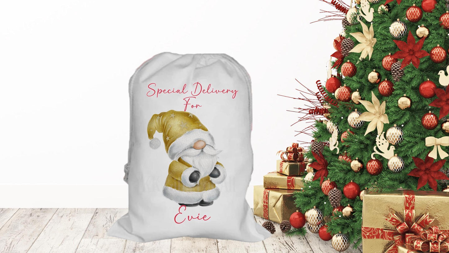 Personalised Gold Gonk Santa Sack, Large Gnome Christmas Present Bag
