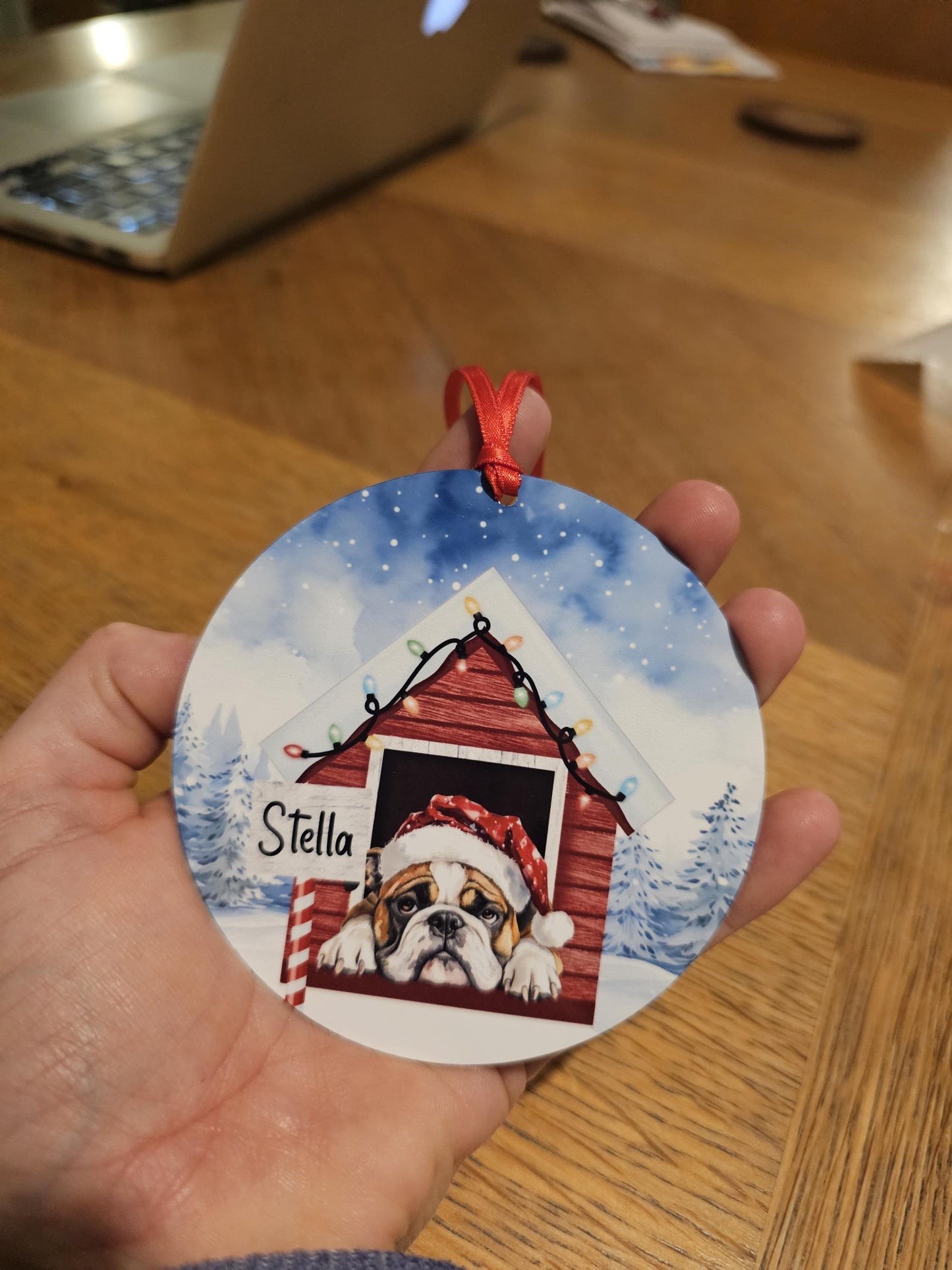 Personalised Christmas Bulldog Tree Decoration, Bulldog Metal Christmas Hanging Ornament