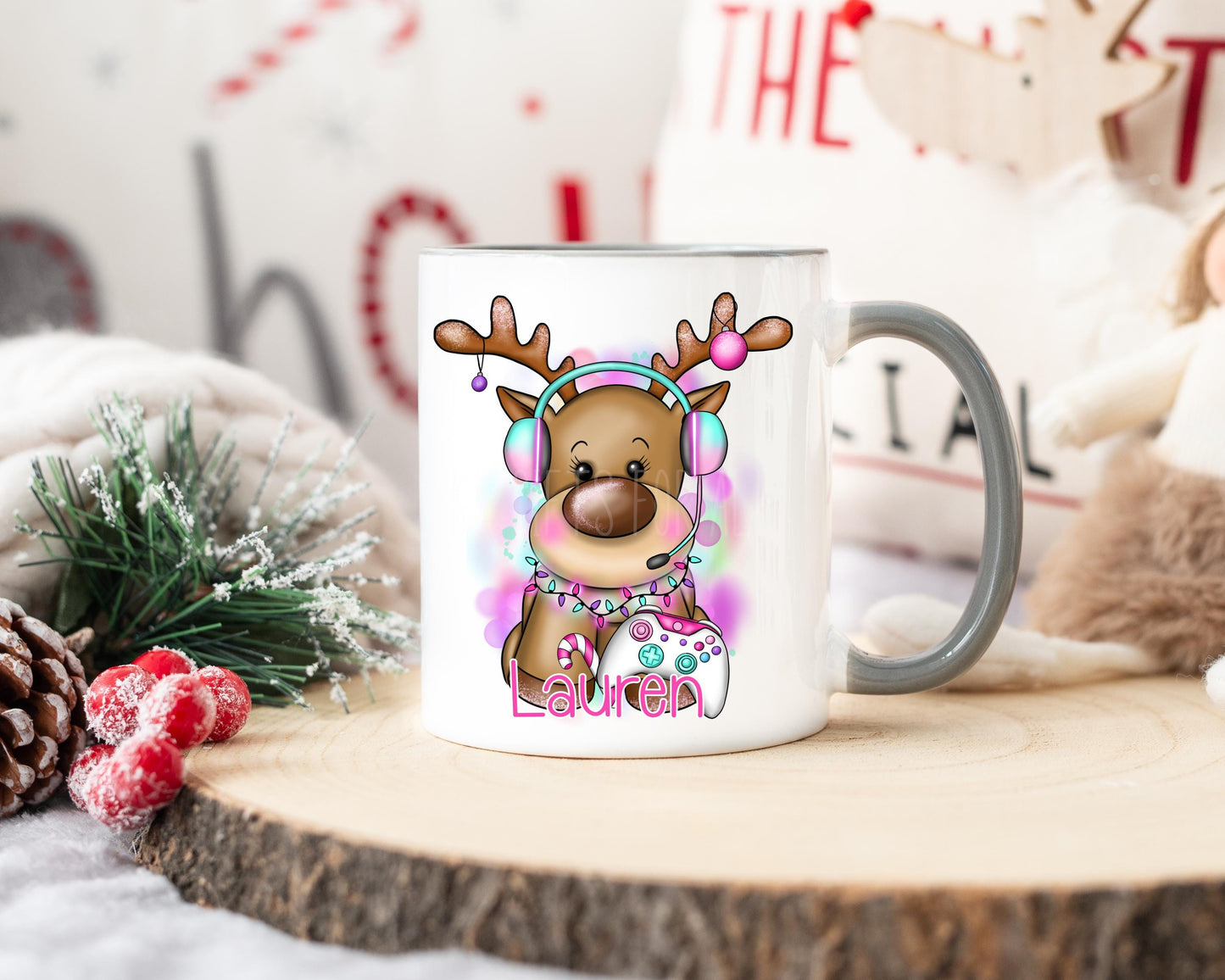 Girls Christmas Mug, Personalised Reindeer Mug