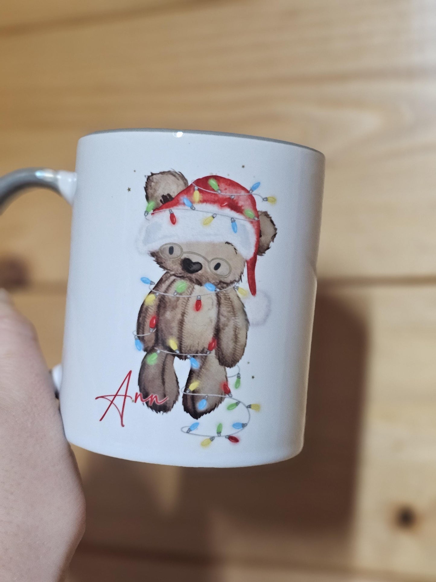 Christmas Mug, Christmas Bear Grey Mug, Personalsied Mug & Coaster