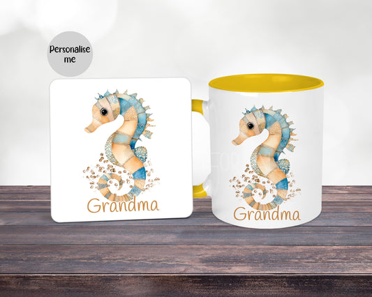 Personalised Seahorse Mug & Coaster, Gift For Woman - Mum Nan Aunt Friend, Seahorse Birthday Or Anniversary Gift, Patchwork Seahorse