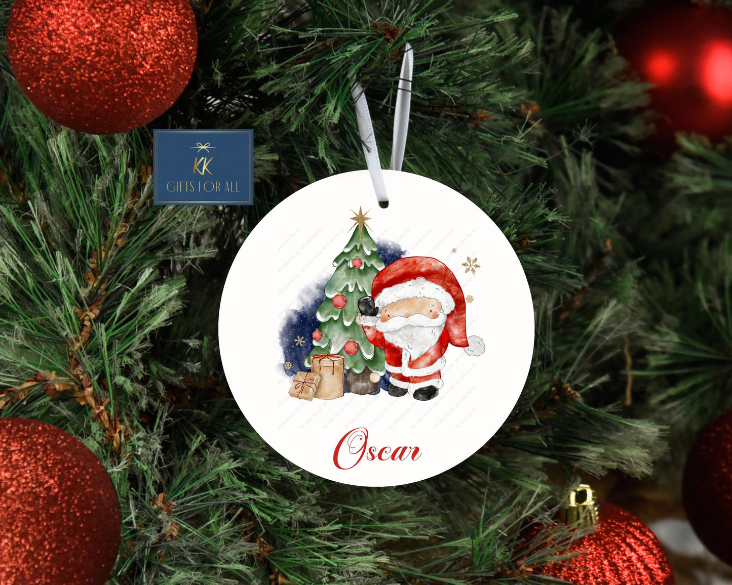 Personalised Metal Christmas Tree Decoration, Christmas Hanging Ornament, Santa With Christmas Tree Decoration