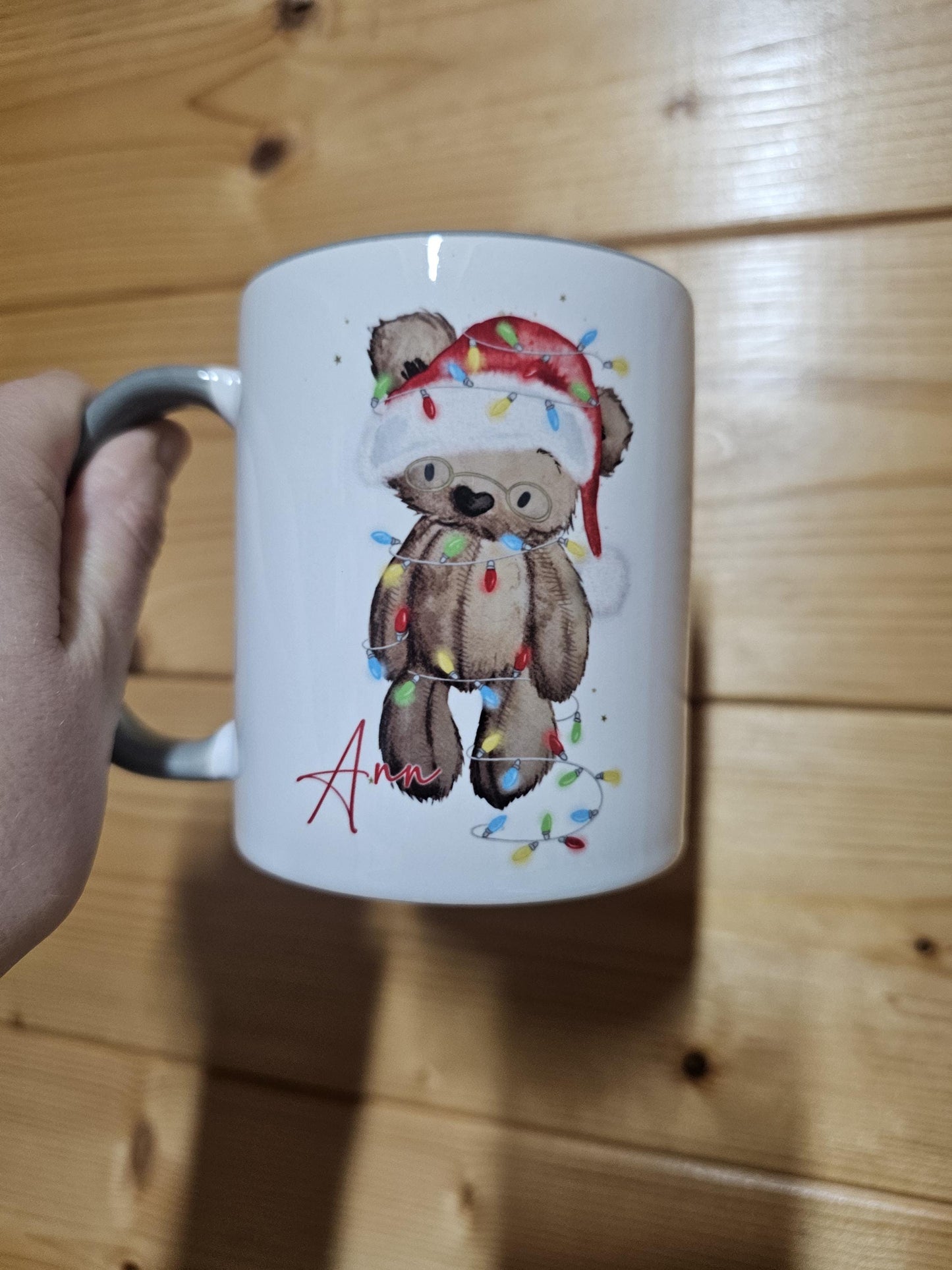 Christmas Mug, Christmas Bear Grey Mug, Personalsied Mug & Coaster