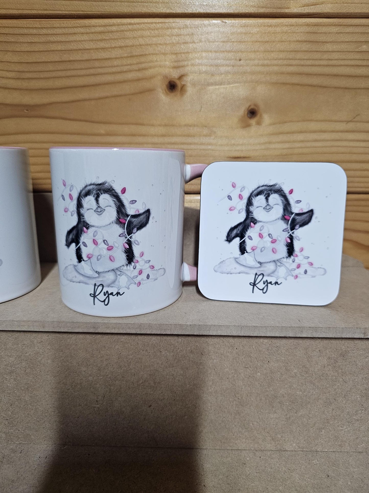 Personalised Christmas Pink Penguin Mug, Sketch Penguin With Xmas Lights, Christmas Hot Choc Mug