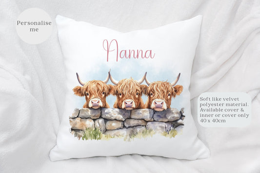 Highland Cow Cushion, Cottagecore Home Decor Pillow, Personalised Gift For Cow Lovers