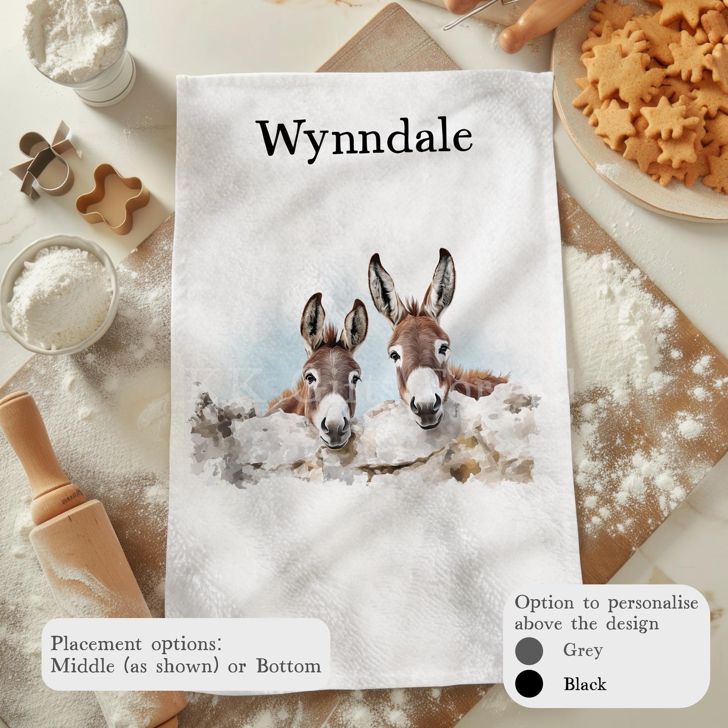 Personalised Donkey Tea Towel, Farmhouse Kitchen Towel Decor, Brown Donkey Gifts