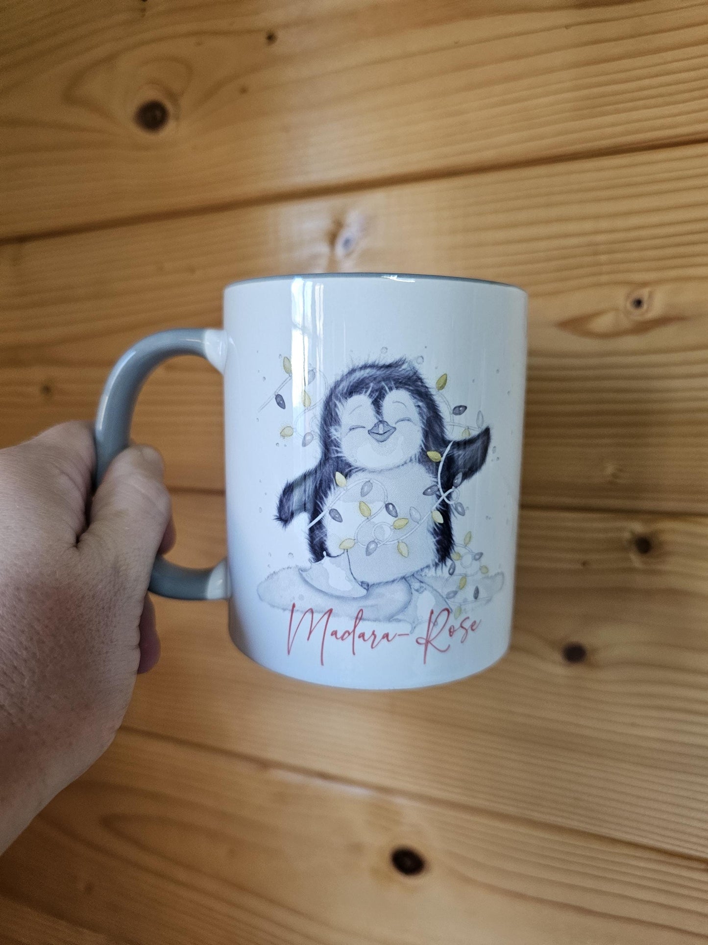 Personalised Christmas Penguin Mug, Sketch Penguin With Xmas Lights, Christmas Hot Choc Mug