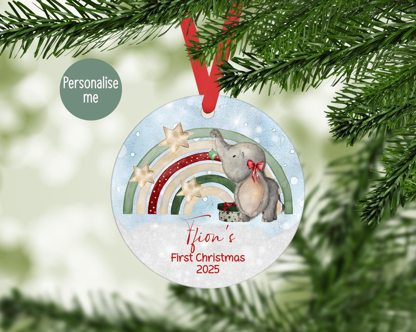 Personalised Baby's First Christmas Ornament 2025: Elephant & Rainbow Aluminium Holiday Decoration