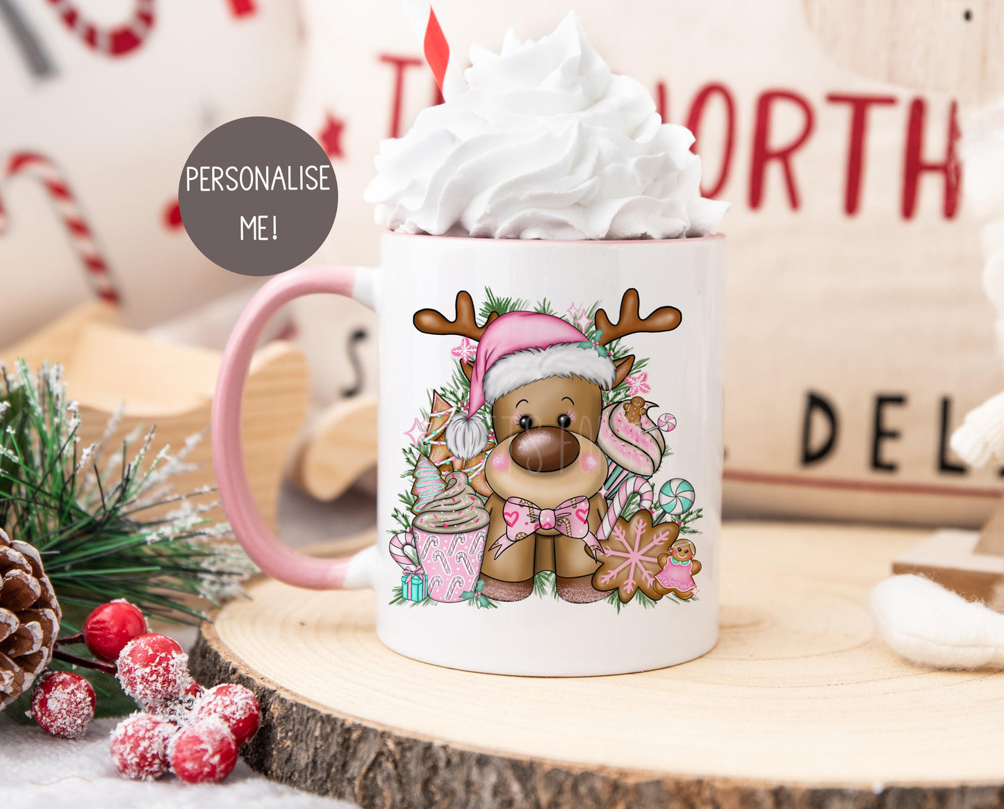 Personalised Pink Reindeer Cocoa Mug, Girls Christmas Mugs, Hot Chocolate Cocoa Cup