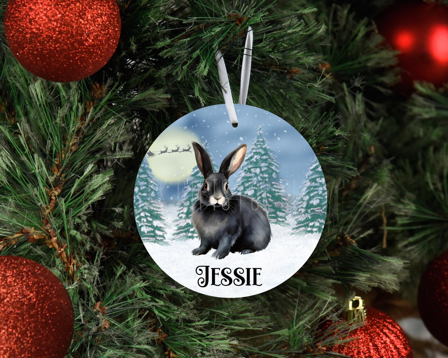 Personalised Christmas Black Bunny Rabbit Tree Decoration, Rabbit Metal Christmas Hanging Ornament