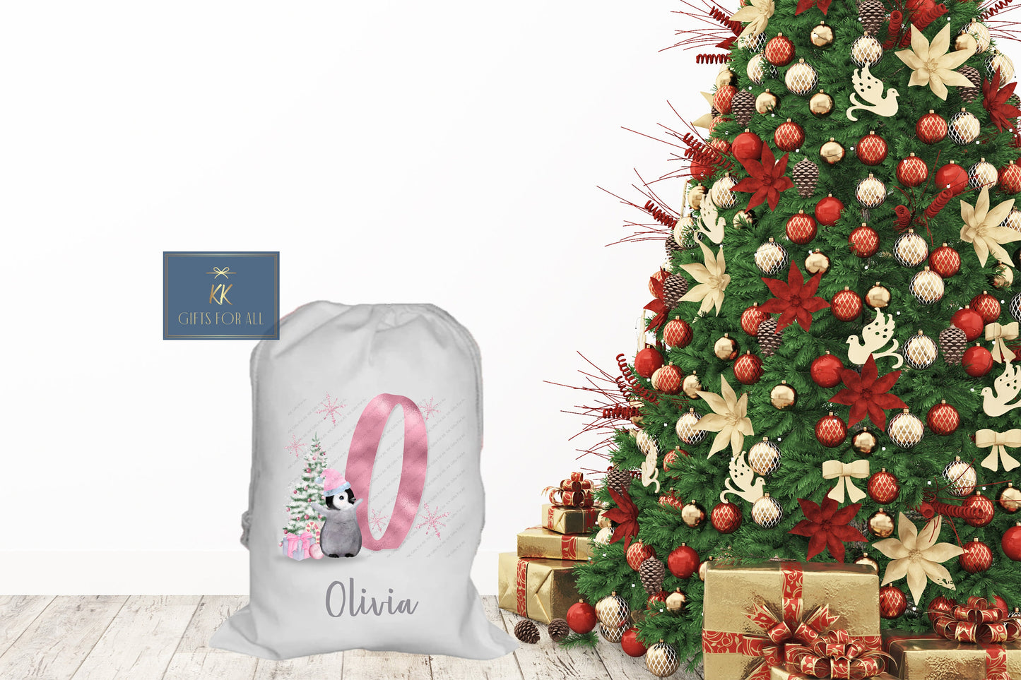 Personalised Christmas Santa Sack Father Christmas Bag, Blue Or Pink Christmas Penguin, Girl Or Boy Large Luxury Sack