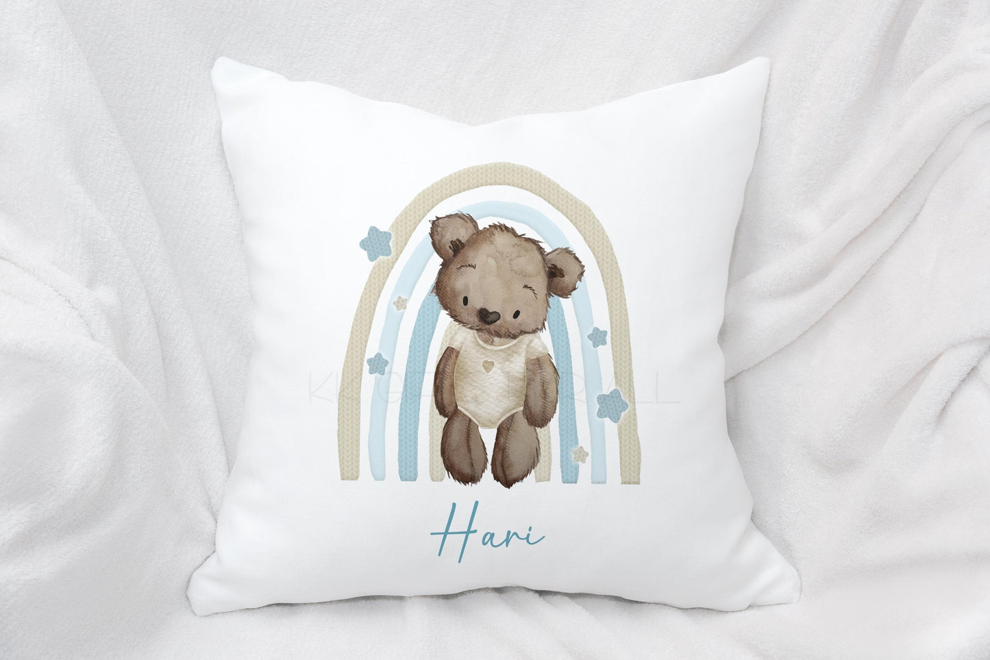 Personalised Teddy Bear Nursery Cushion, Blue Rainbow Decor Pillow