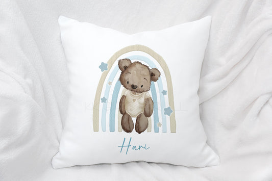 Personalised Teddy Bear Nursery Cushion, Blue Rainbow Decor Pillow