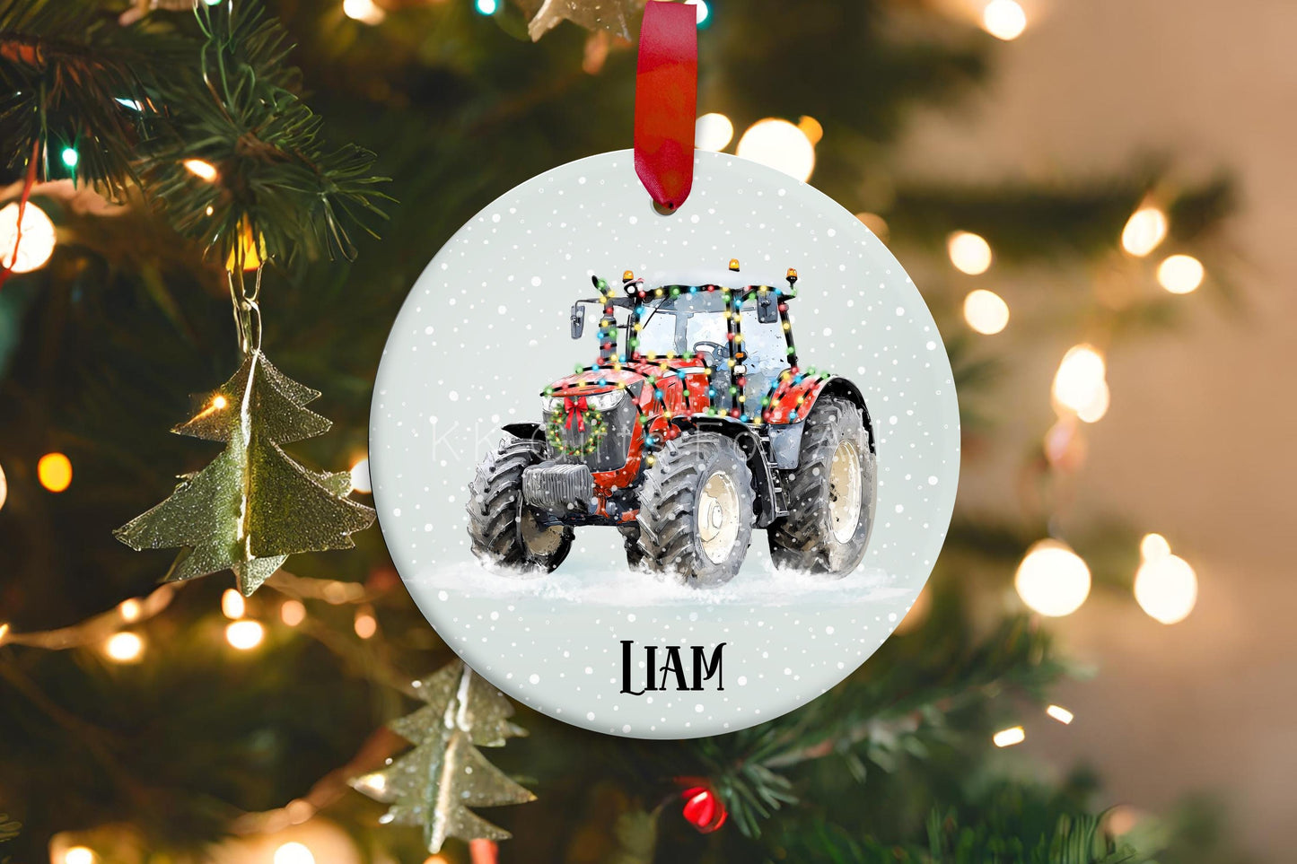 Personalised Christmas Tractor Decoration, Red Tractor Christmas Hanging Ornament