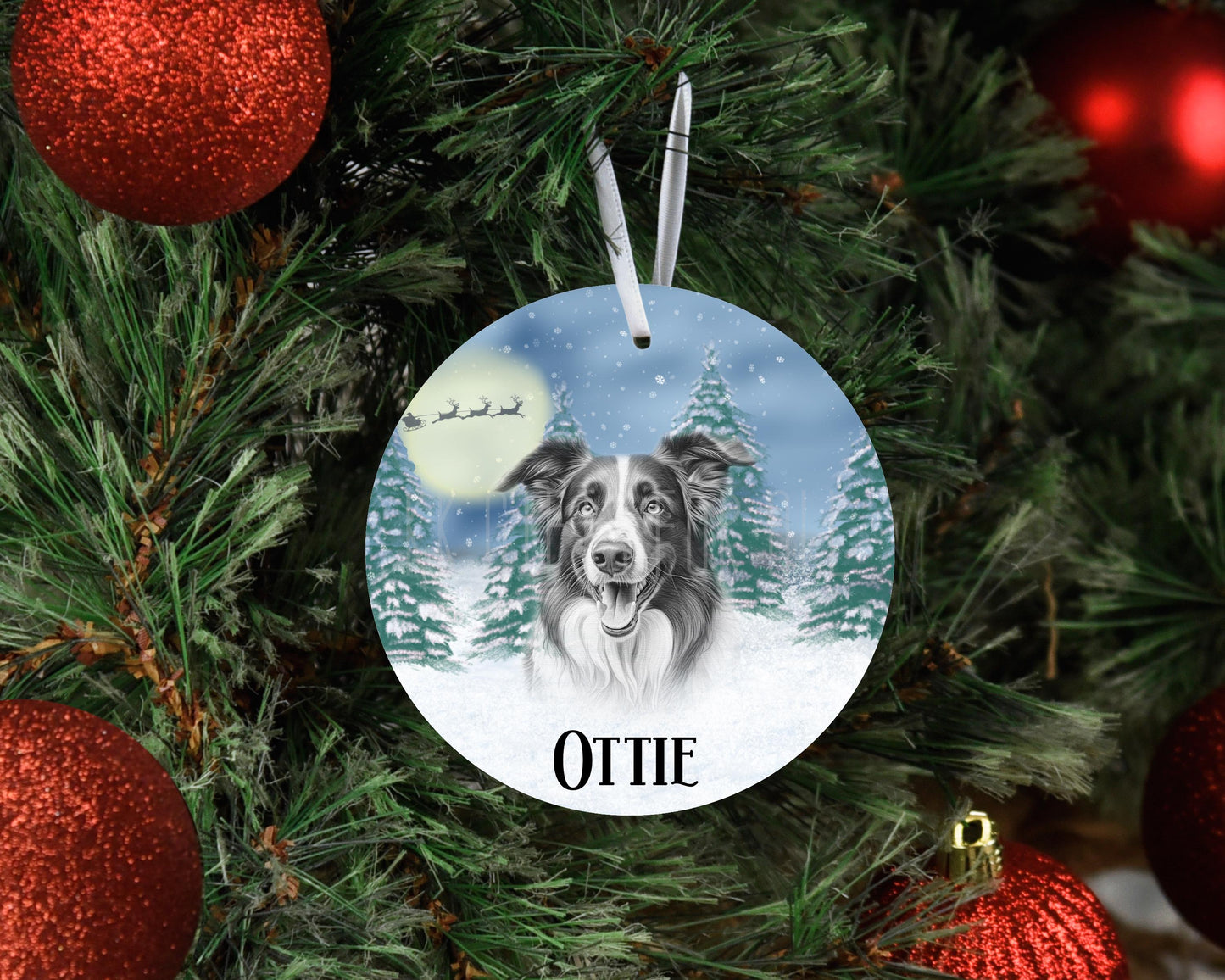 Personalised Christmas Collie Tree Decoration, Border Collie Metal Christmas Hanging Ornament