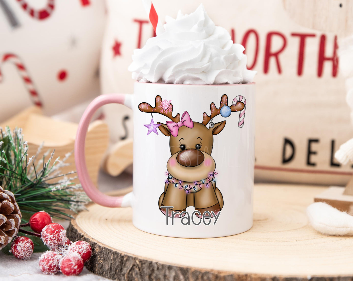 Personalised Pink Christmas Mug, Xmas Reindeer Mug, Girls Christmas Cocoa Mug