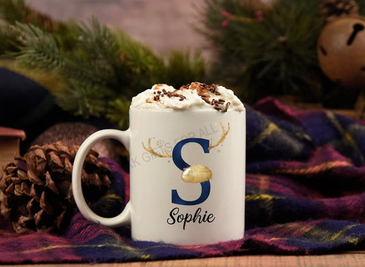 Christmas Mug, Personalised Name And Initial, Antler Initial Design Mug, Hot Chocolate Mug, Xmas Eve Box Mug, Christmas Movie Mug, Cute Xmas