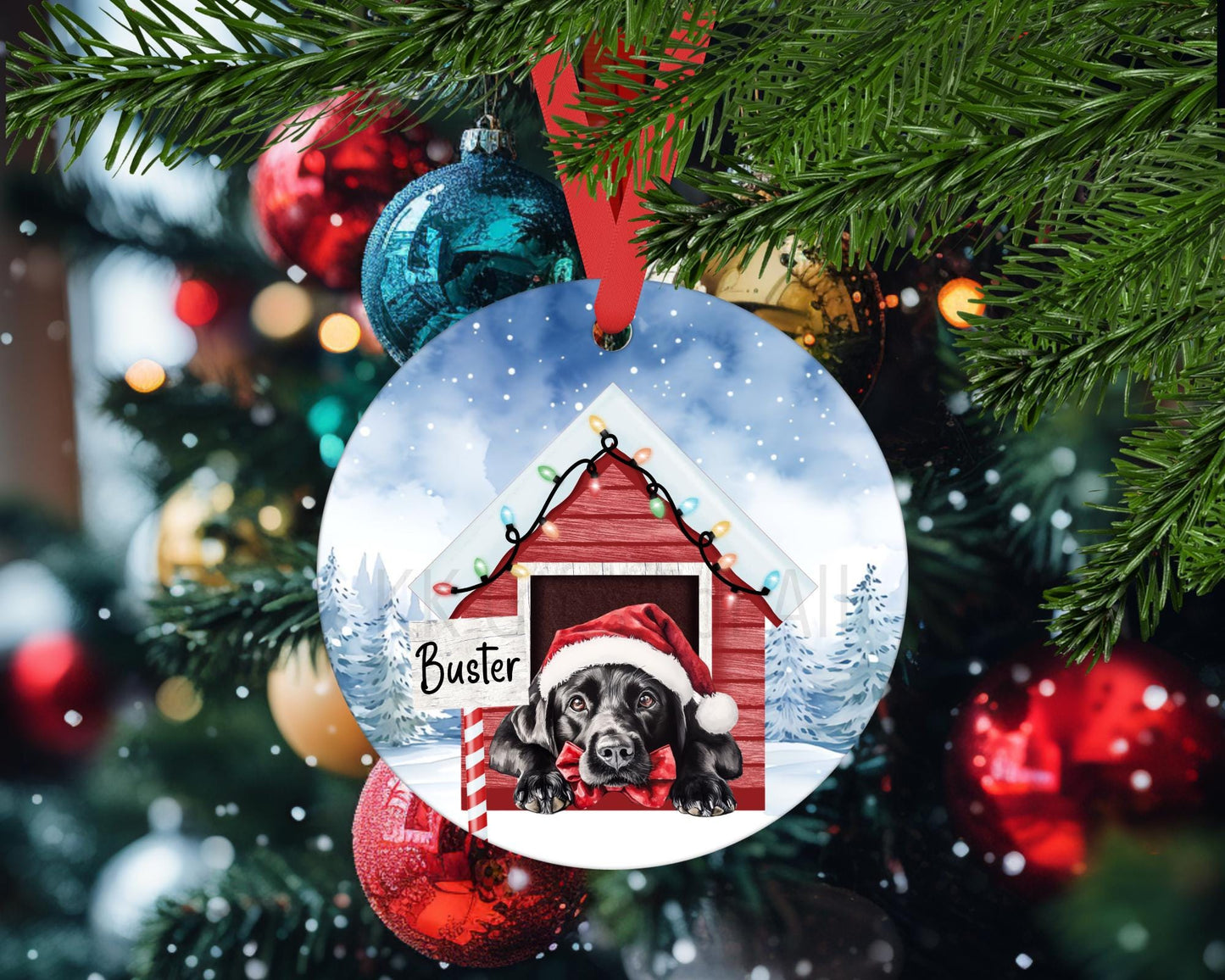 Personalised Christmas Black Lab Tree Decoration, Black Labrador Dog Metal Christmas Hanging Ornament