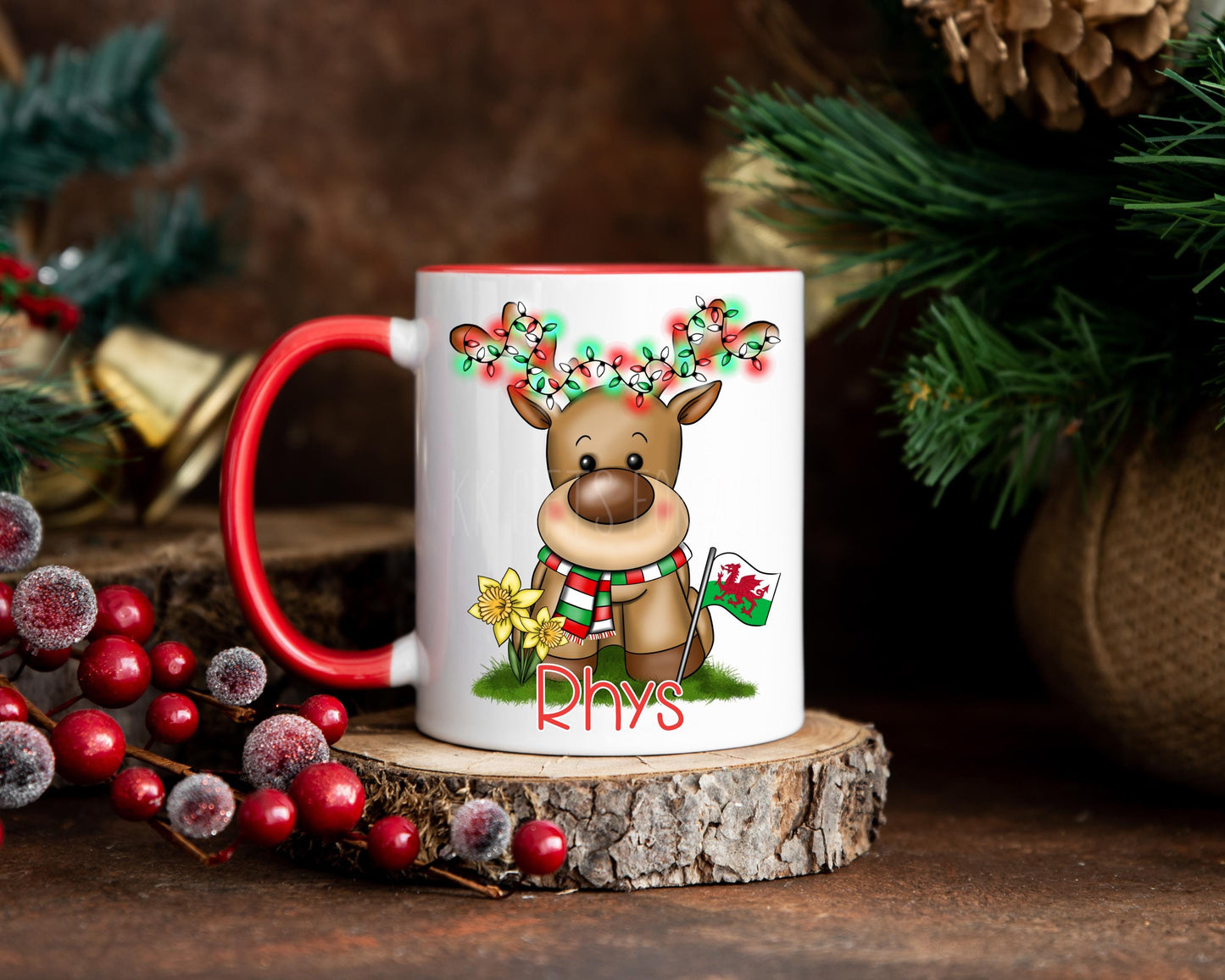 Personalised Christmas Reindeer Mug, Welsh Christmas Mug, Gift From Wales For Christmas