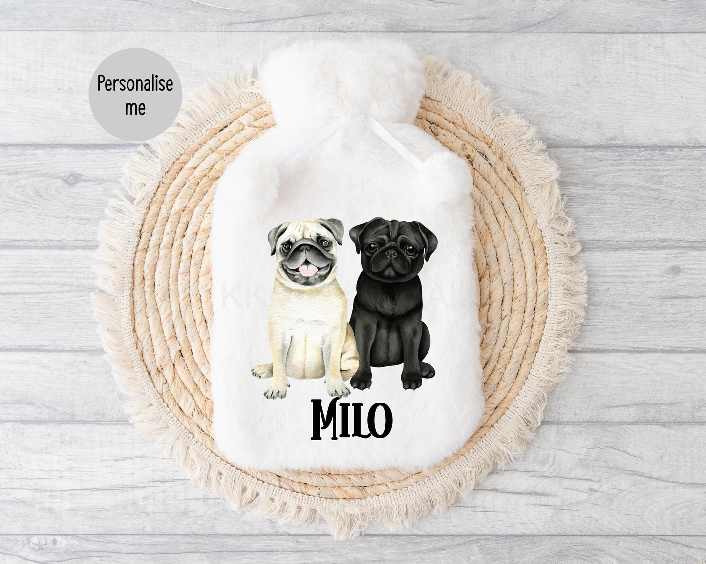 Black & Fawn Pug Hot Water Bottle, Personalised Dog Hot Water Bottle, Black Fawn Pug Gifts