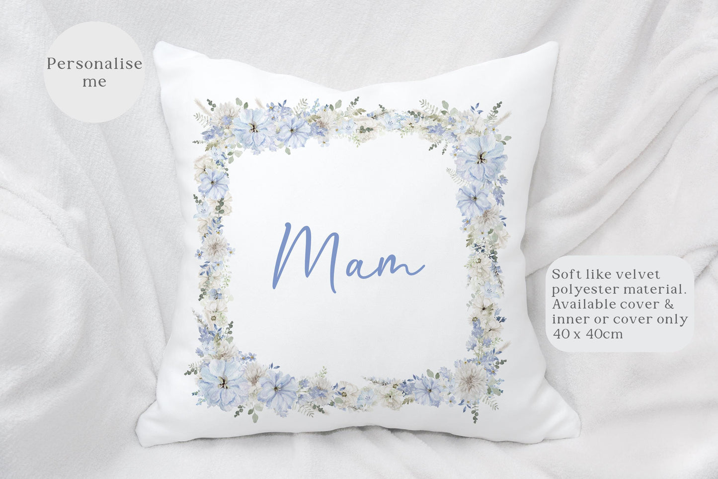 Blue Floral Frame Cushion, Light Blue Home Decor Pillow, Gift For New Home, Couple Wedding Gift