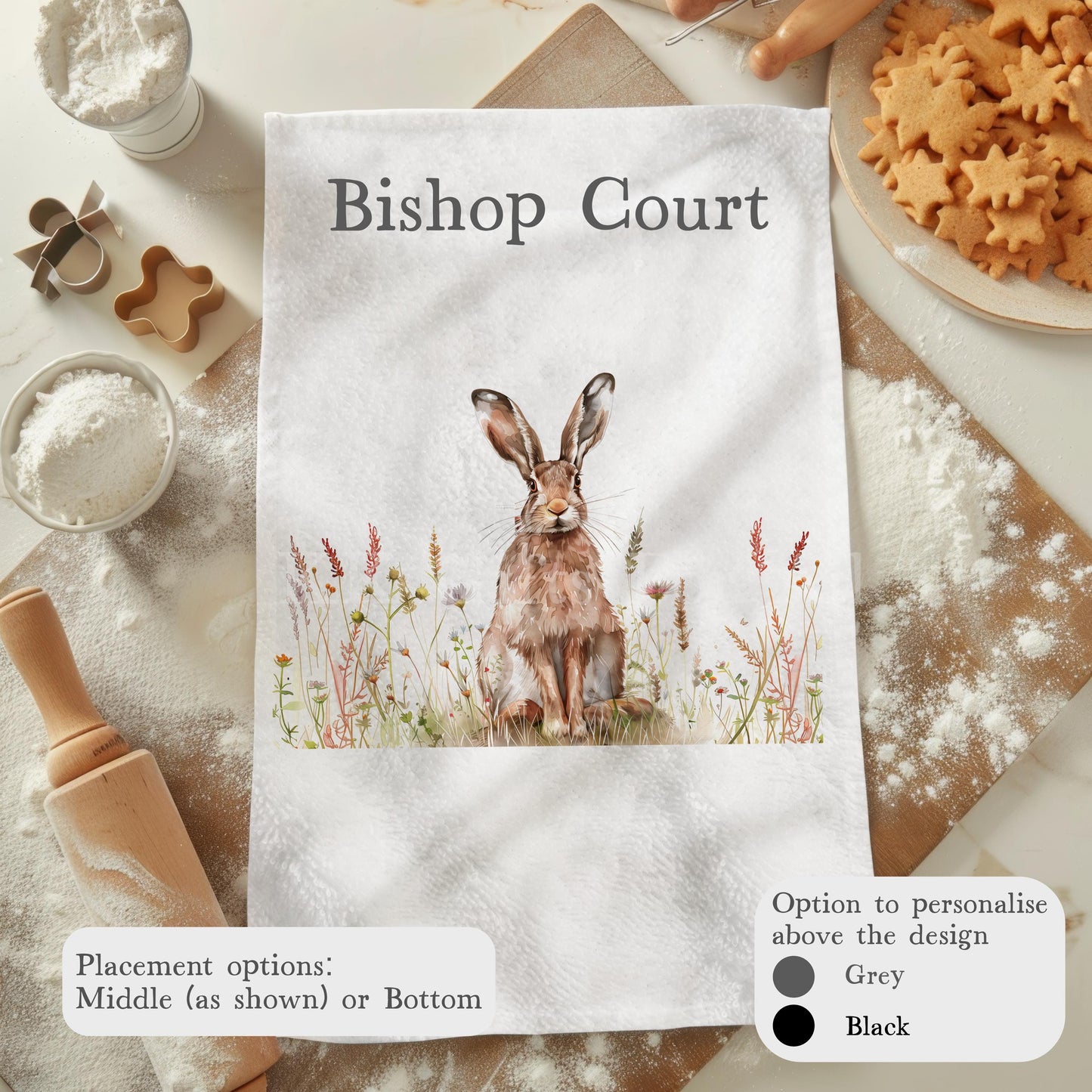 Hare Tea Towel, Personalised Kitchen Towel, Wildflife Hare Kitchen Decor