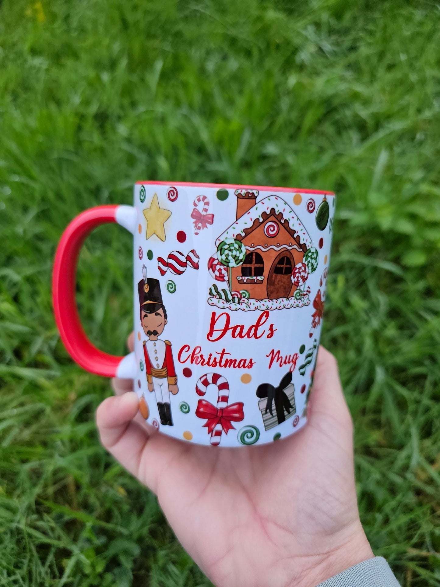 Christmas Theme Mug, Red Handle Personalised Xmas Family Mug, Hot Chocolate Mug, Xmas Eve Movie Mug, Childrens Xmas Mug