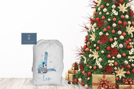 Personalised Christmas Santa Sack Father Christmas Bag, Blue Or Pink Christmas Penguin, Girl Or Boy Large Luxury Sack