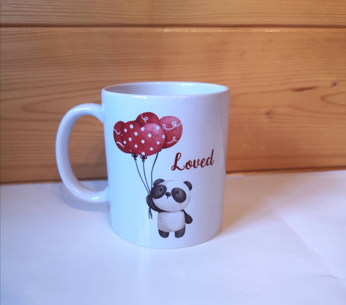 Personalised Cute Panda Mug, Panda Holding Heart Balloon, Black And White Panda Red Balloon, Mug And Coaster