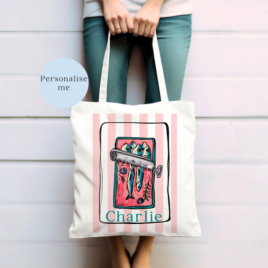 Personalised Sardine Tote Bag: Tinned Fish Gift, Long Handle