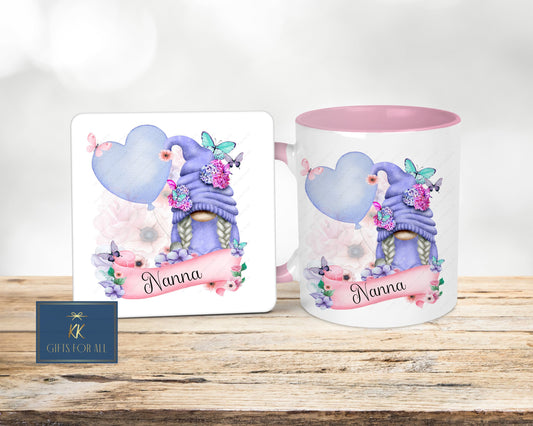 Personalised Gonk Mug & Coaster, Birthday Gift For Her, Personalised Lilac Gnome Mug, Mother's Day Gifts Gonk