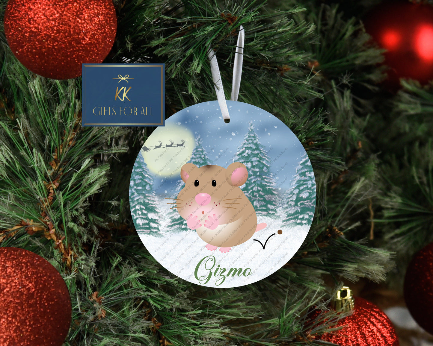 Personalised Christmas Tree Decoration, Pet Hamster Xmas Dec, Christmas Hanging Ornament, Metal Tree Decoration, Grey Brown Red Hamster Dec