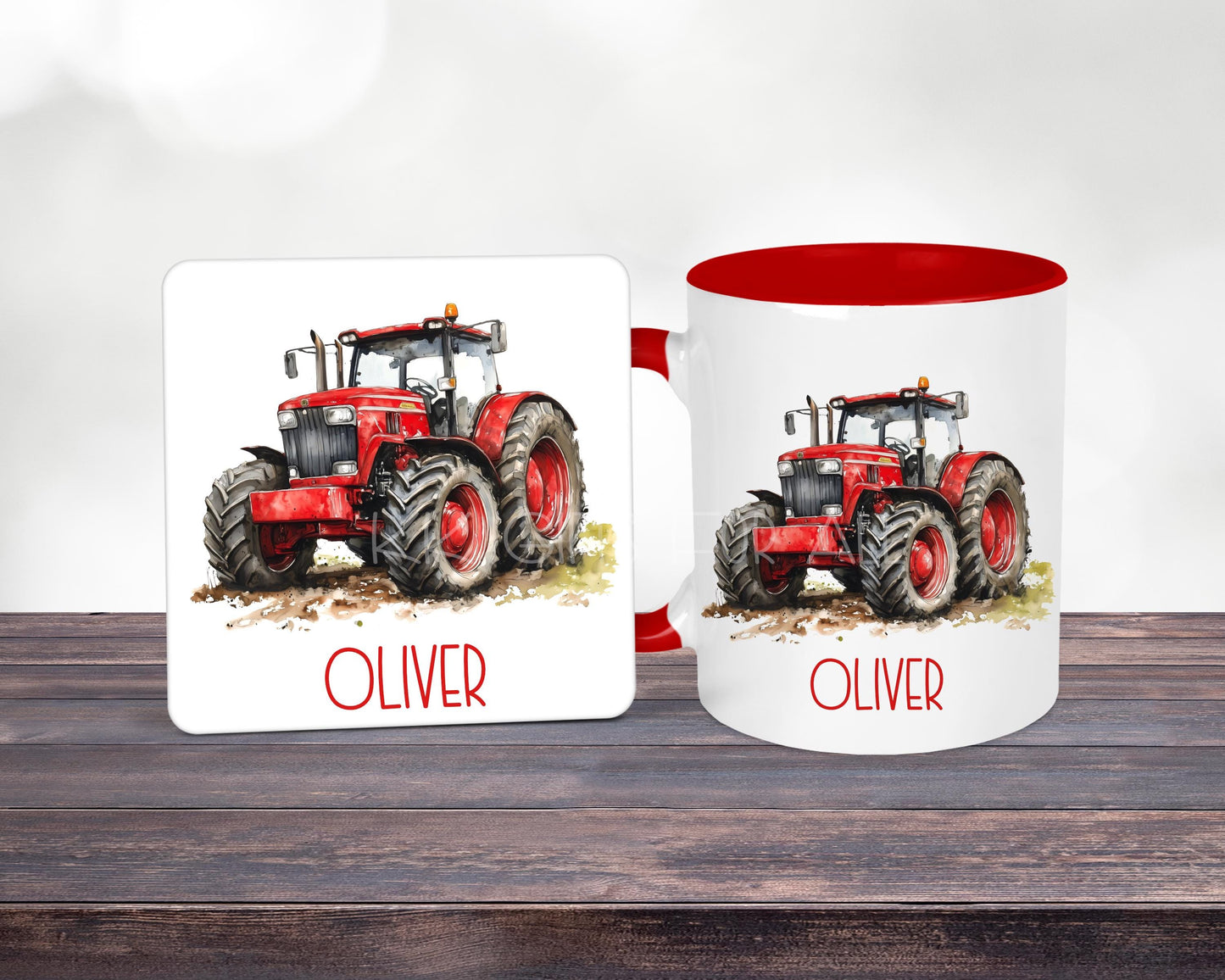 Personalised Red Tractor Mug & Coaster, Farmer Mug, Tractor Lover Birthday Gift