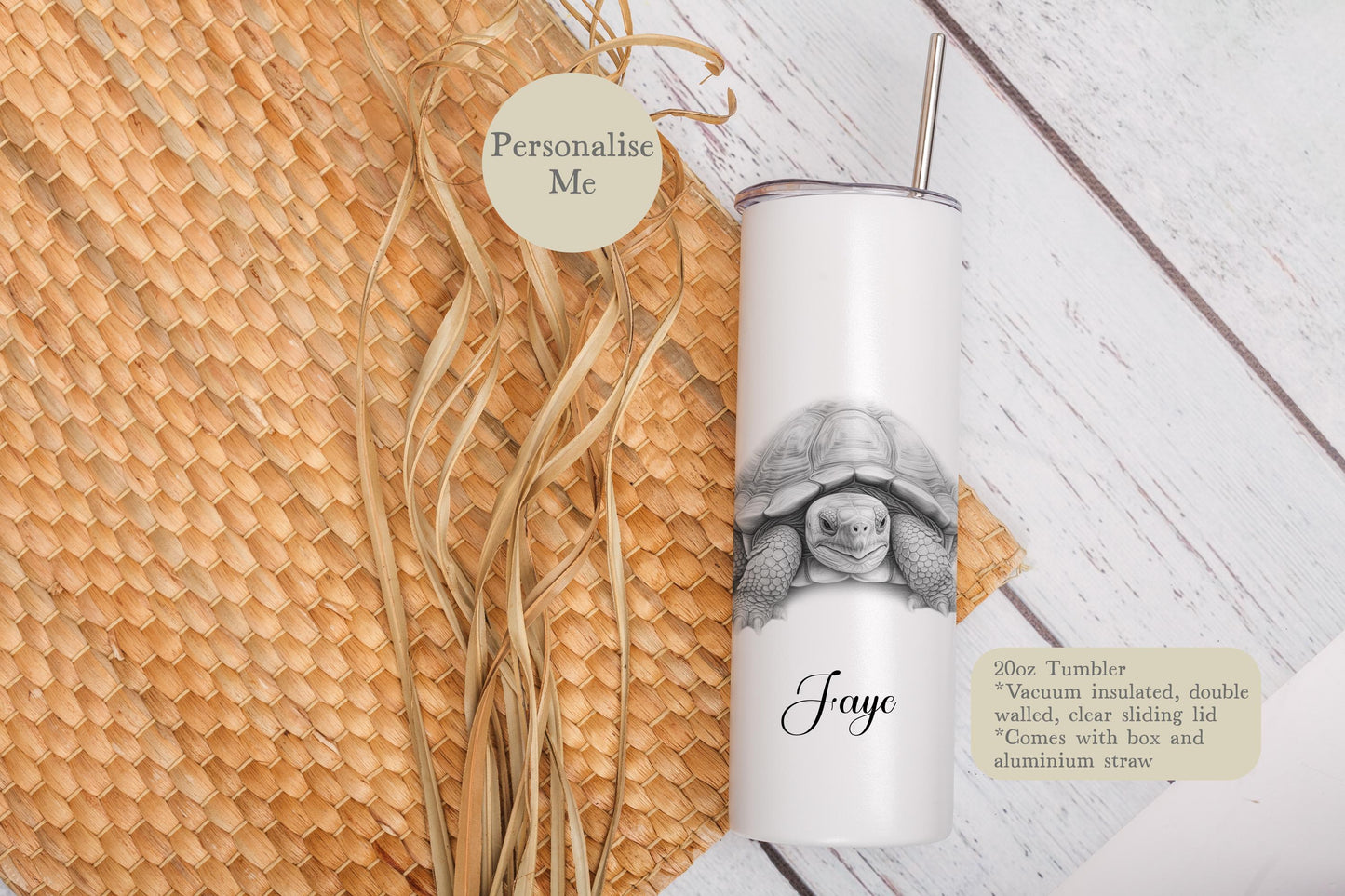 Personalised Tortoise Tumbler: 20oz Insulated Drink Bottle with Straw