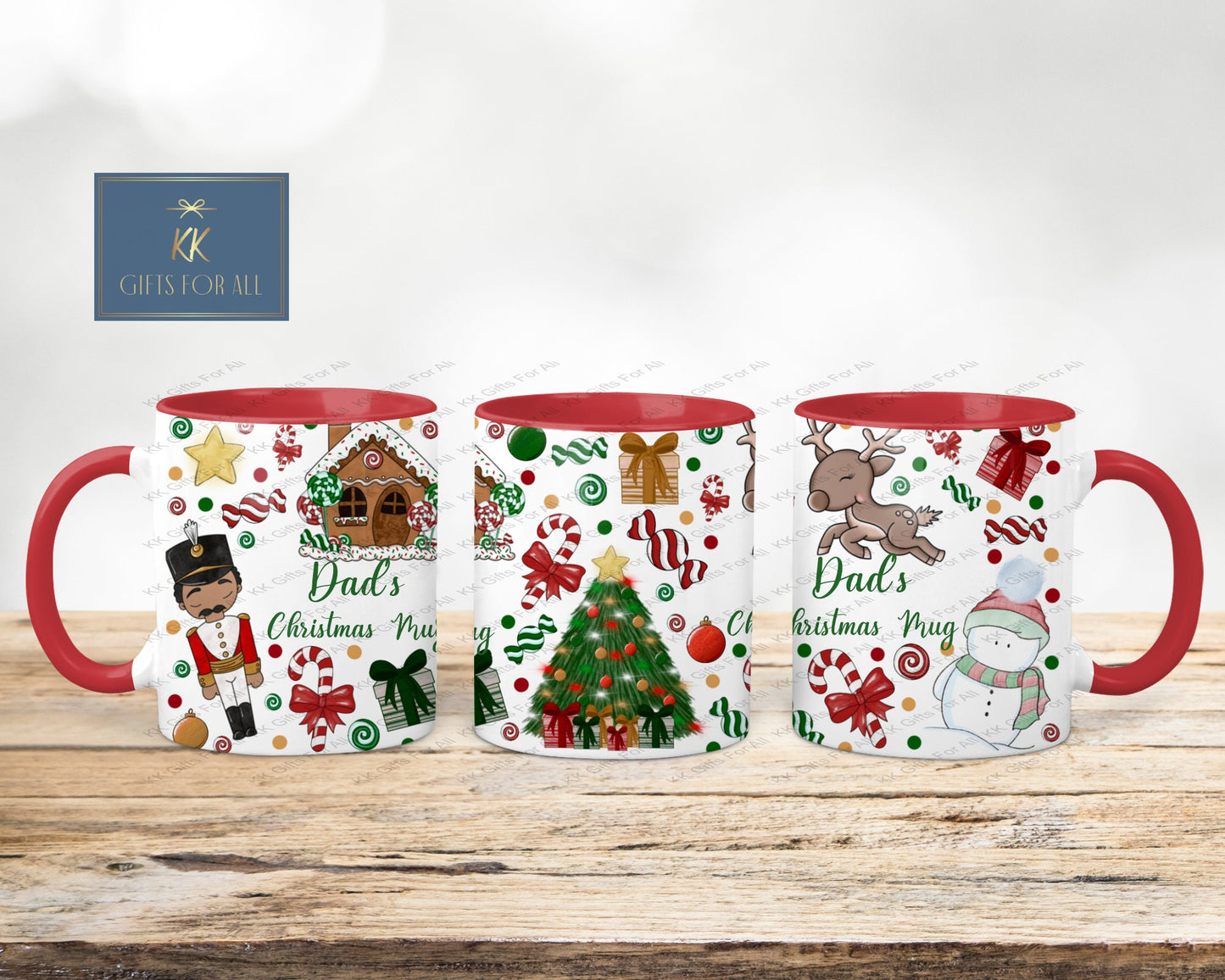 Christmas Theme Mug, Red Handle Personalised Xmas Family Mug, Hot Chocolate Mug, Xmas Eve Movie Mug, Childrens Xmas Mug