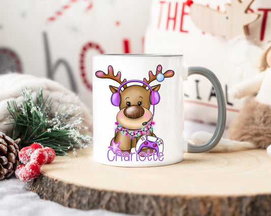 Christmas Reindeer Mug, Children's Gamer Christmas Eve Grey 11oz Mug