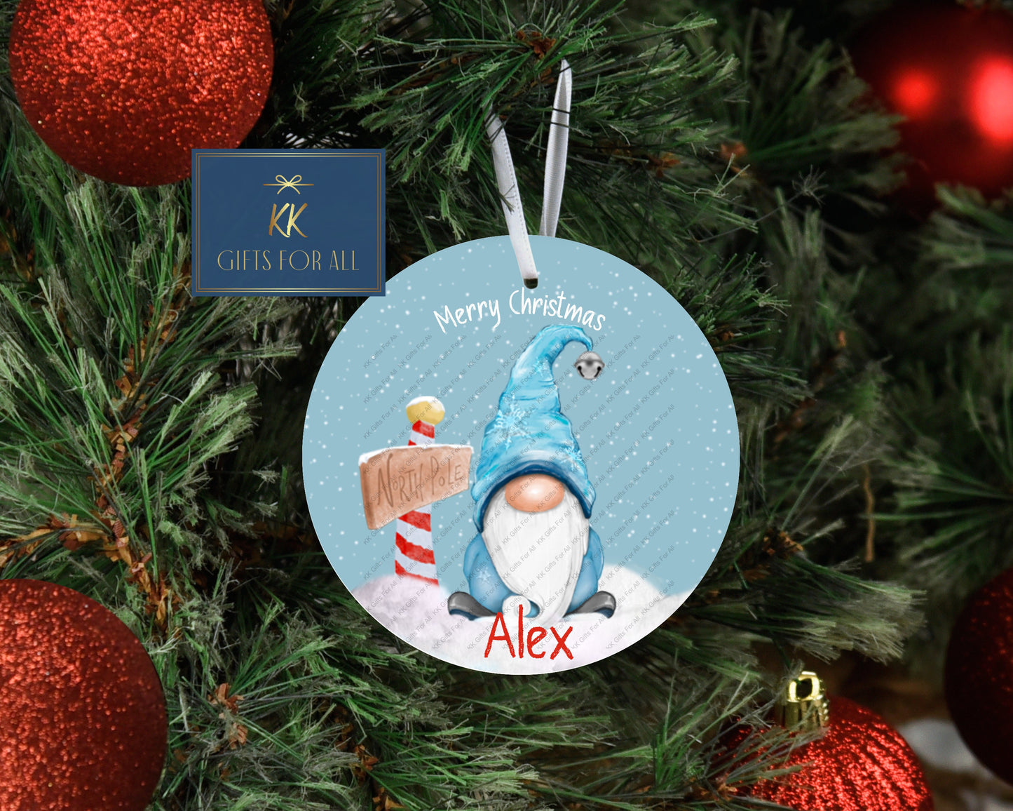 Personalised Gonk Christmas Metal Tree Decoration, Christmas Hanging Ornament, Blue Xmas Gnome,